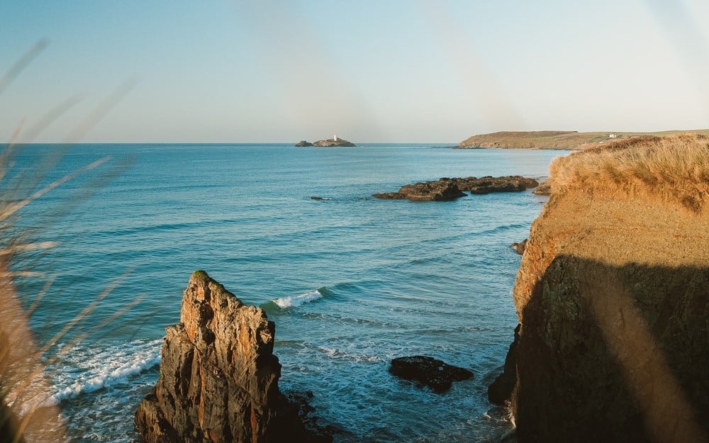 Rocky cliffs and water. 
