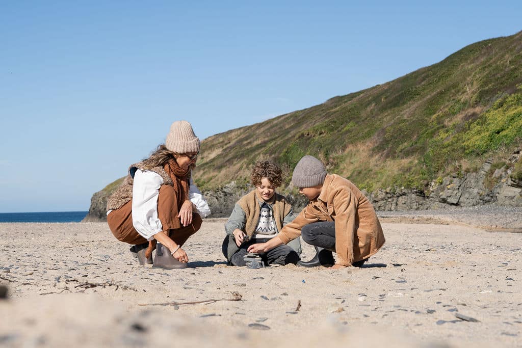 Family on a beach in winter clothing