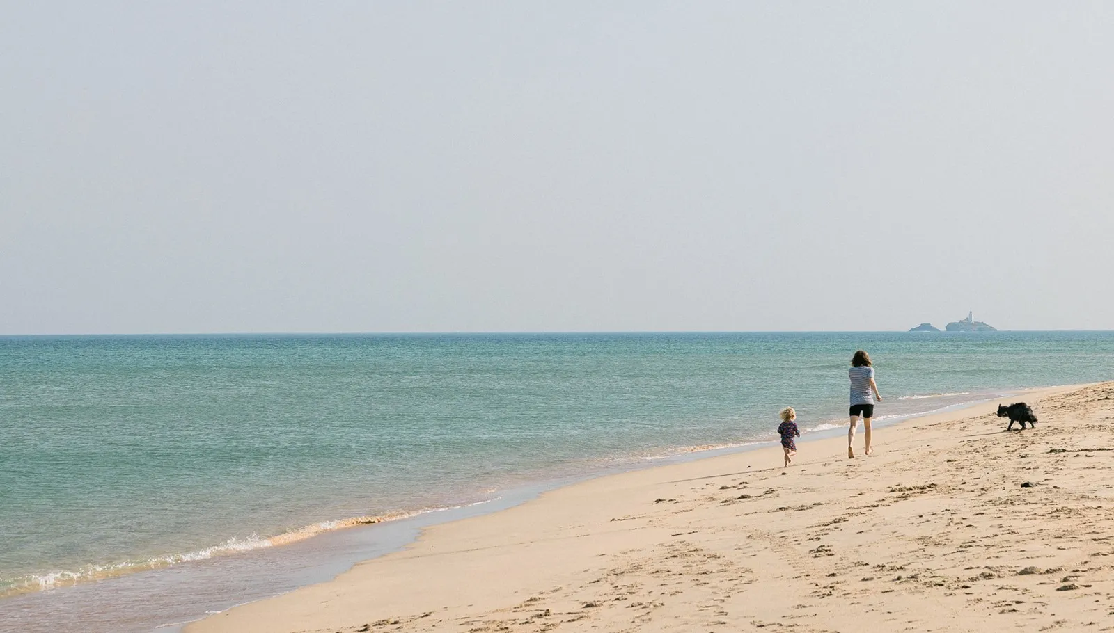 A woman, child and dog running across a sunny beach.