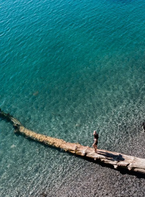 A woman walking across driftwood into the sea.