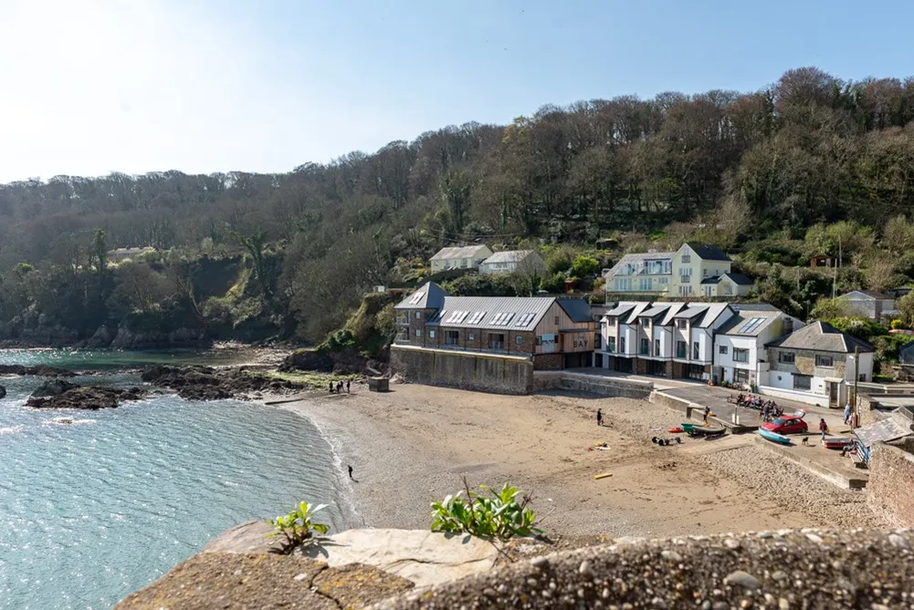 A beach with houses and trees on the side. 