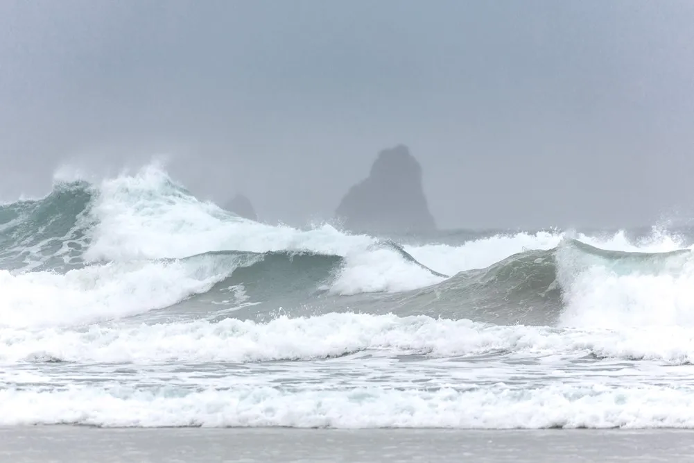 Waves crashing on a stormy day.