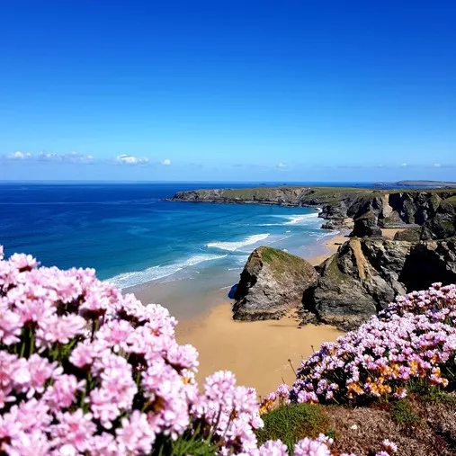 A beach with pink flowers and blue water.