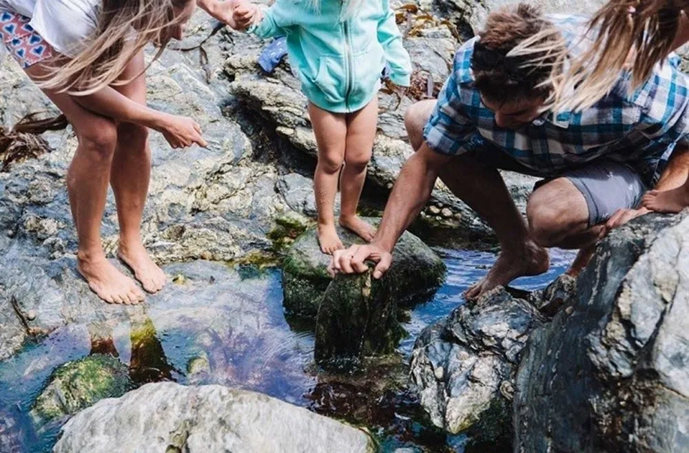 A group of people standing on rocks. 