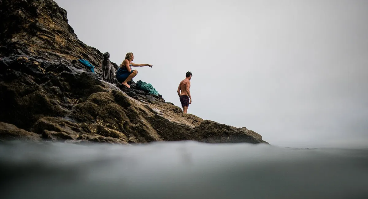 People sat on rocks with a dog, pointing at the sea/