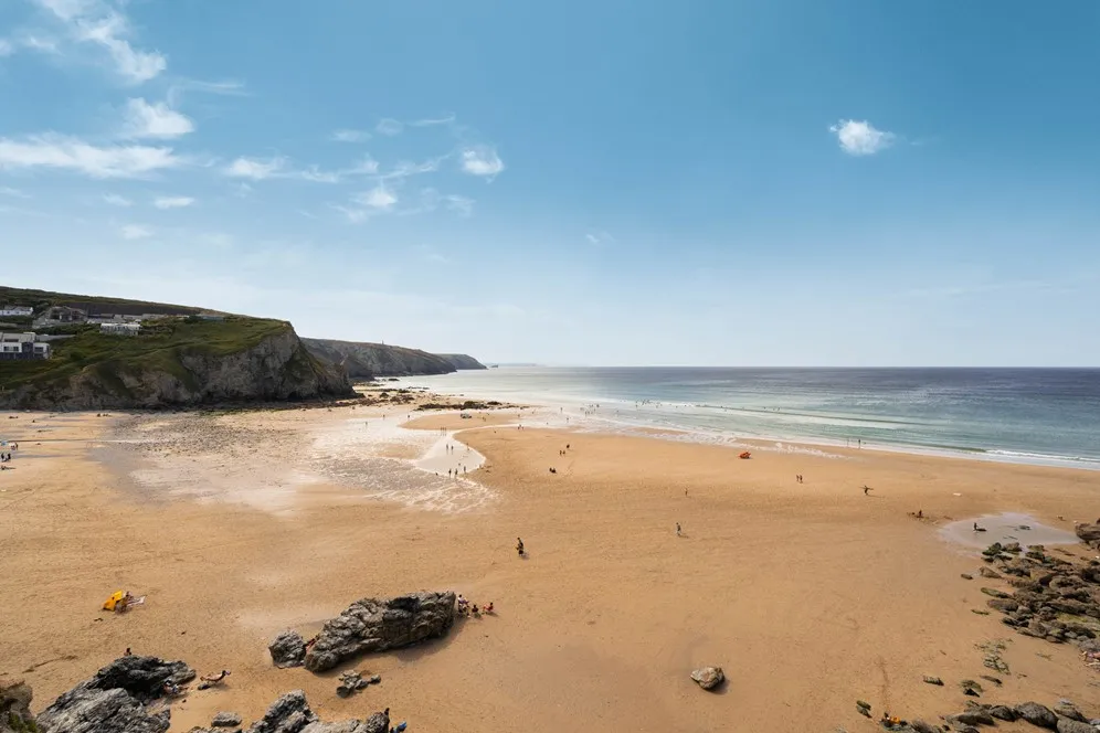 Wide angle shot of Porthtowan beach.