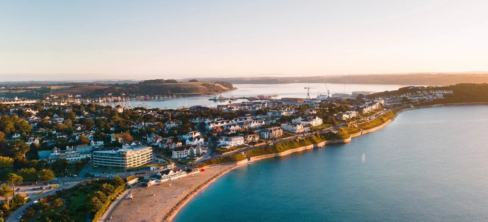 Aerial view of Falmouth looking out to sea.