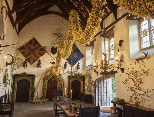 A large room with flowers from the ceiling.