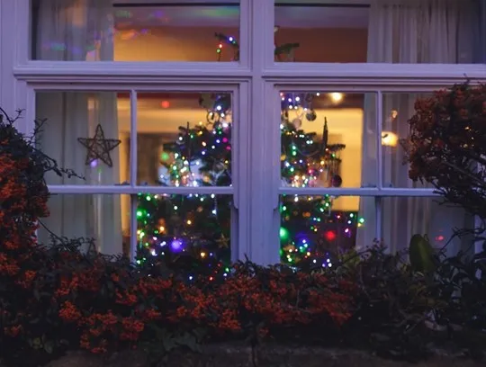 A window with Christmas lights.