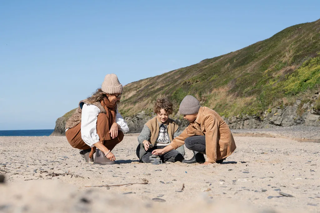 Family on a beach in winter clothing